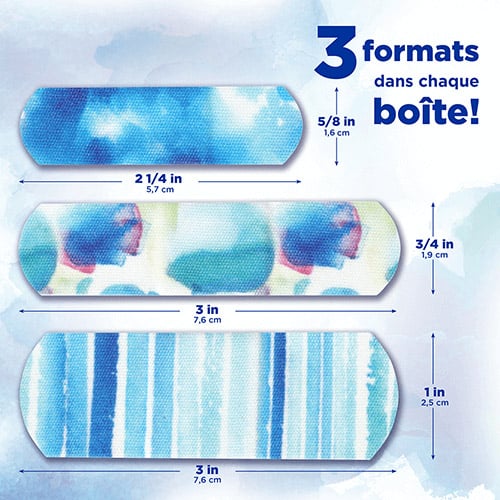 Trois pansements adhésifs de marque BAND-AID® en tissu flexible à motifs d'aquarelle, formats assortis