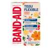Boîte de pansements adhésifs de marque BAND-AID® en tissu flexible à motifs de fleurs sauvages, 30 pansements assortis, et 3 pansements présentés à côté de la boîte